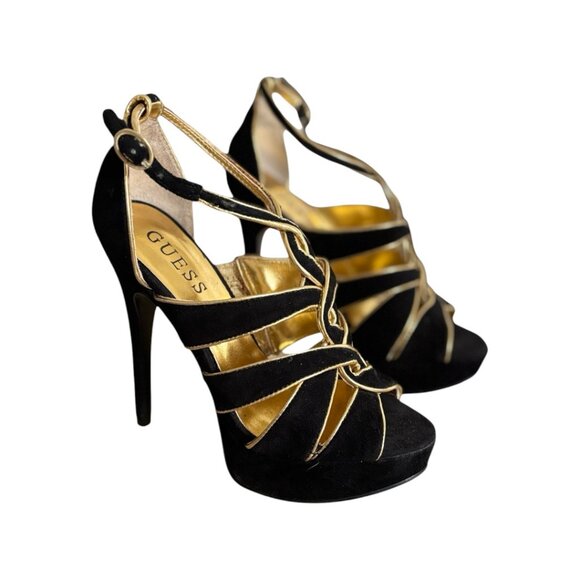 GUESS BLACK/GOLD STILETTO PARTY STRAPPY HEELS SIZE‎ 5 EUC - Picture 2 of 5